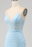 Vestido de fiesta de sirena con tirantes de espagueti azul cielo con purpurina y abertura
