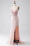 Vestido de fiesta de sirena con cuentas rosas brillantes con abertura