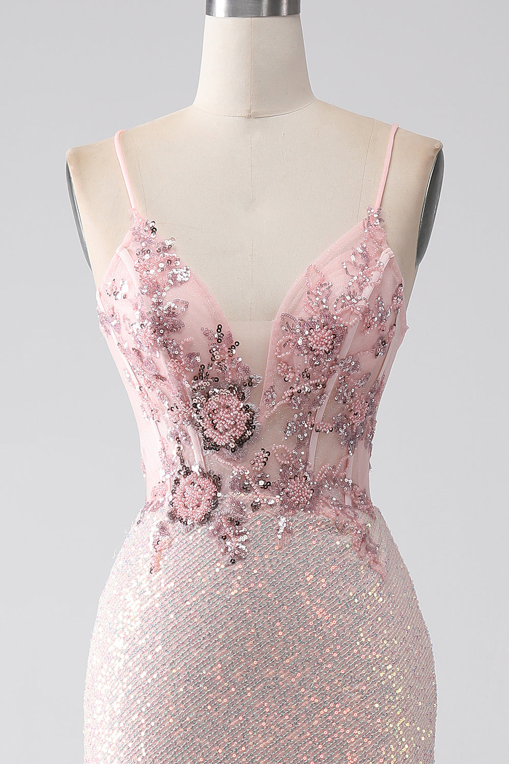 Vestido de fiesta de sirena con cuentas rosas brillantes con abertura