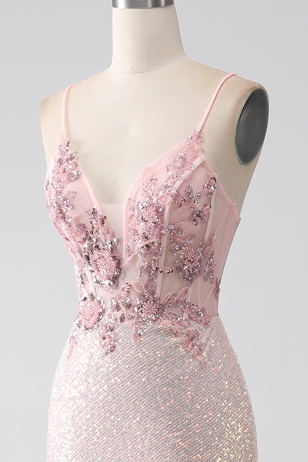 Vestido de fiesta de sirena con cuentas rosas brillantes con abertura