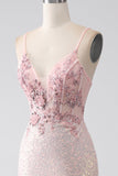 Vestido de fiesta de sirena con cuentas rosas brillantes con abertura