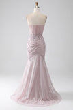 Vestido de fiesta de corsé de sirena sin tirantes brillante con apliques
