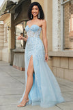 Encantador A Line Sweetheart Blue Corset Prom Dress con hendidura de abalorios