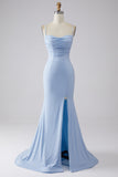 Vestido de fiesta de sirena brillante azul claro con abertura