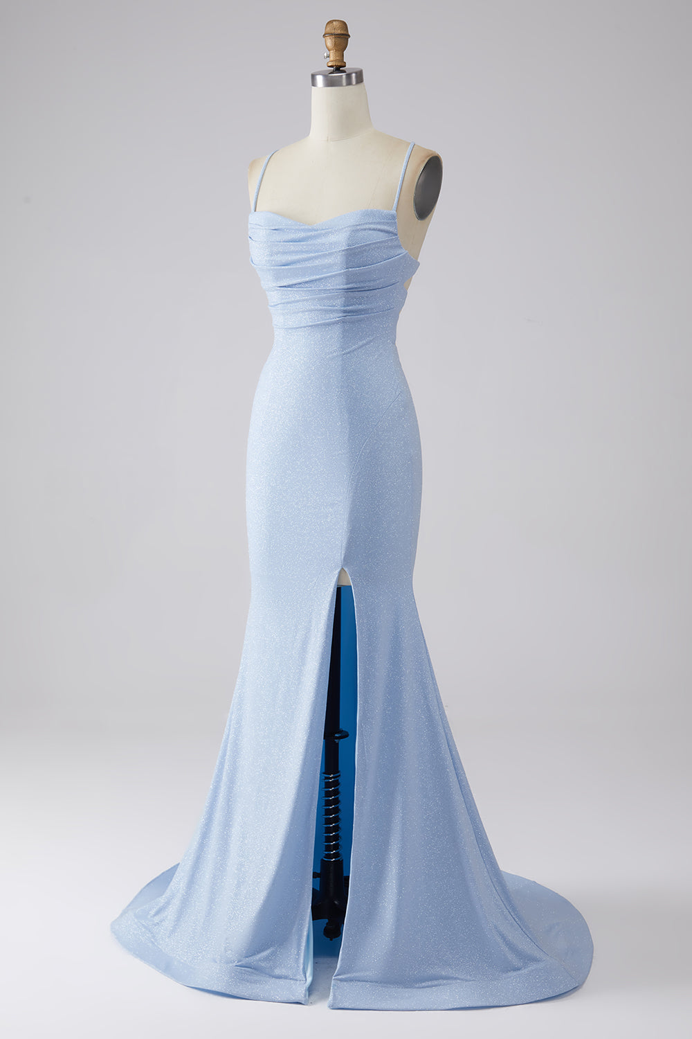 Vestido de fiesta de sirena brillante azul claro con abertura