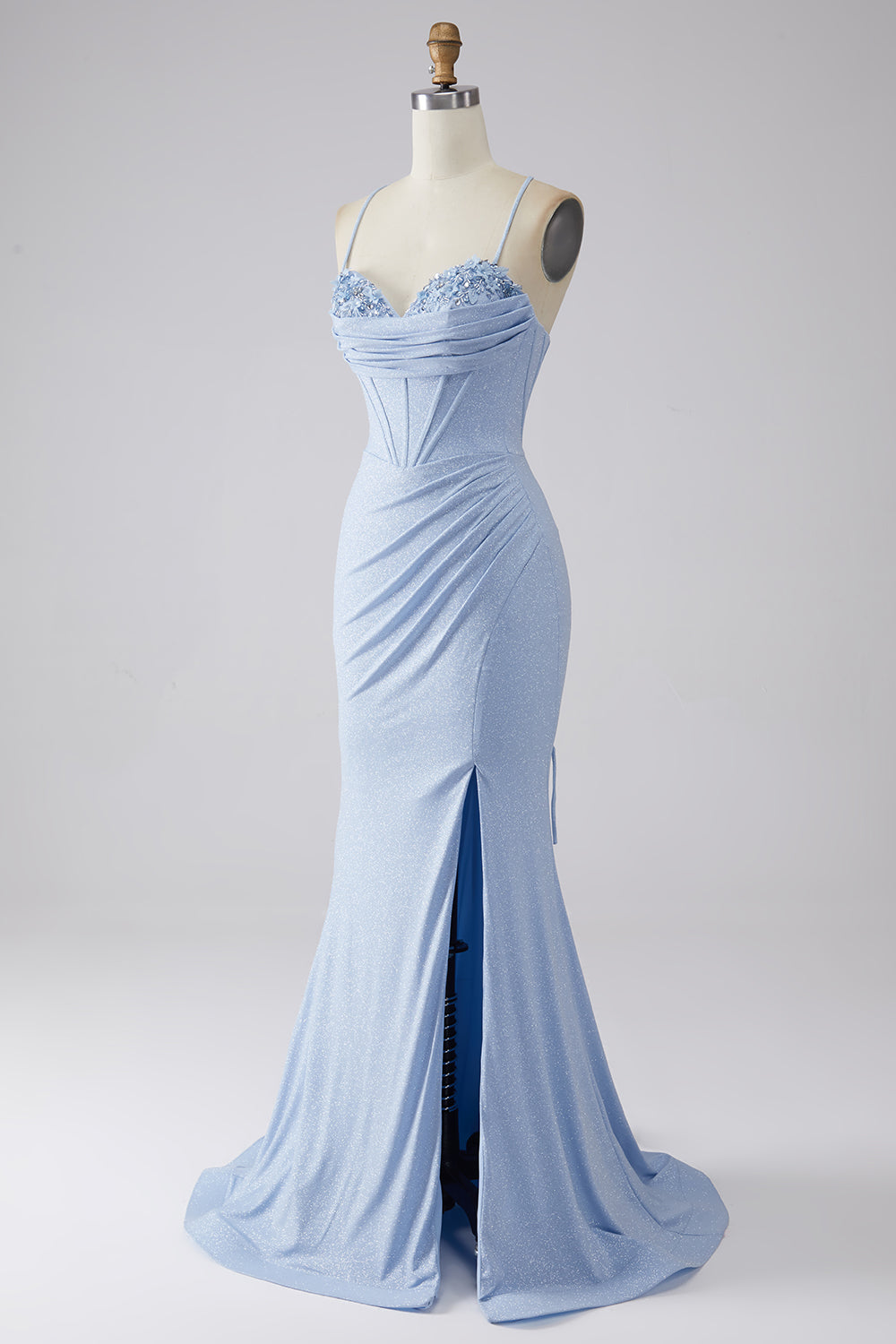 Vestido de fiesta de sirena brillante azul claro con abertura