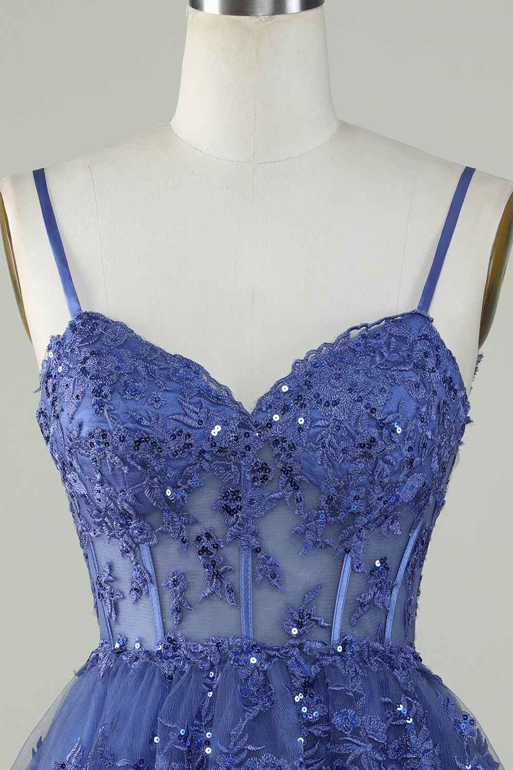 Lindo A Line Spaghetti Straps Dark Blue Sparkly Corset Homecoming Dress