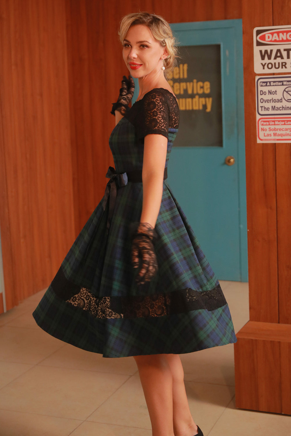 Verde 1950s Vestido Vintage A Cuadros