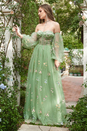 Fuera del Hombro Verde Vestido de Fiesta Mangas Largas