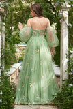Fuera del Hombro Verde Vestido de Fiesta Mangas Largas