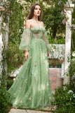 Fuera del Hombro Verde Vestido de Fiesta Mangas Largas