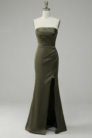 Vestido de Fiesta Satén Verde Sin Tirantes