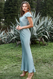 Vestido de Baile Satén Azul Gris Con Volantes