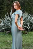 Vestido de Baile Satén Azul Gris Con Volantes