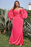 Fuera del Hombro Fucsia Vestido de Fiesta Con Mangas Largas
