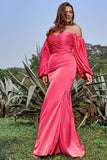 Fuera del Hombro Fucsia Vestido de Fiesta Con Mangas Largas