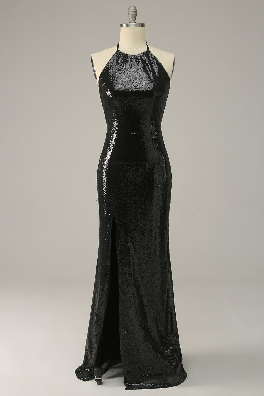 Halter Negro Lentejuelas Vestido de Fiesta Espalda Abierta