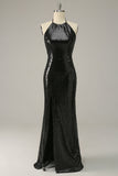 Halter Negro Lentejuelas Vestido de Fiesta Espalda Abierta