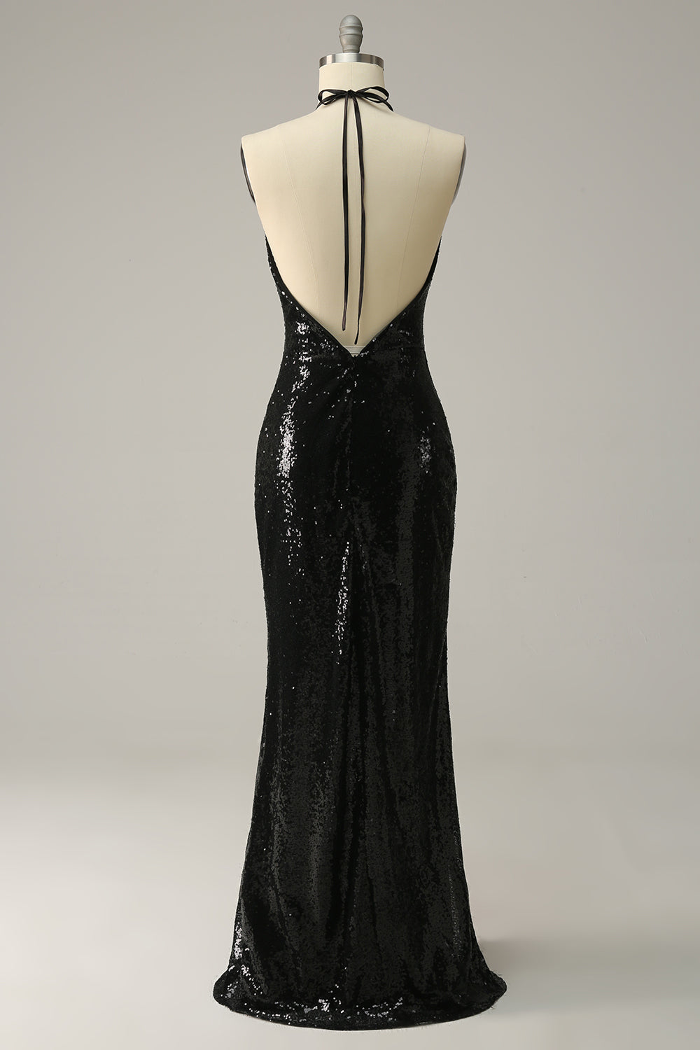 Halter Negro Lentejuelas Vestido de Fiesta Espalda Abierta