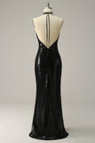 Halter Negro Lentejuelas Vestido de Fiesta Espalda Abierta