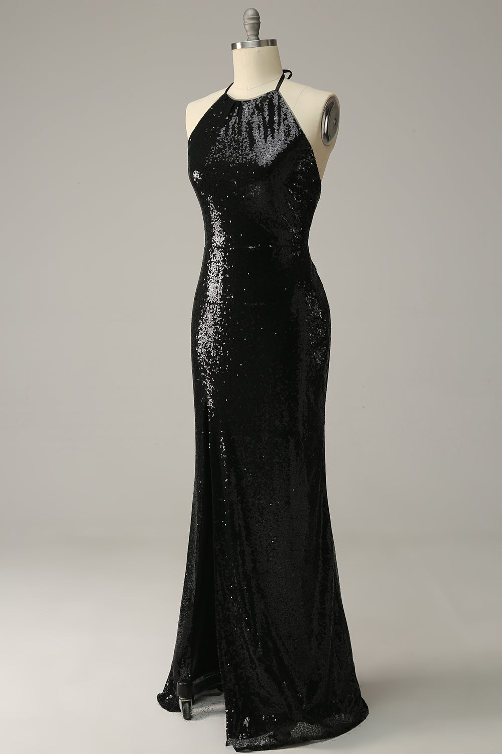 Halter Negro Lentejuelas Vestido de Fiesta Espalda Abierta