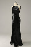 Halter Negro Lentejuelas Vestido de Fiesta Espalda Abierta