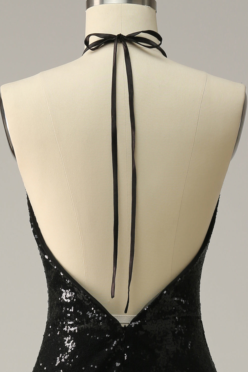 Halter Negro Lentejuelas Vestido de Fiesta Espalda Abierta