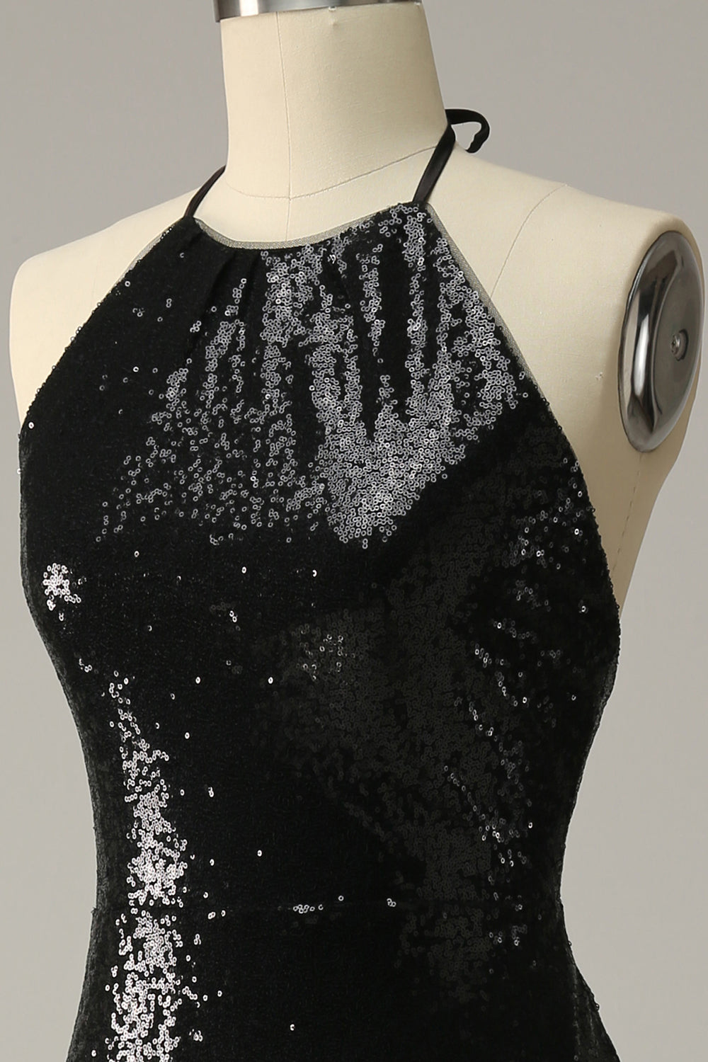 Halter Negro Lentejuelas Vestido de Fiesta Espalda Abierta