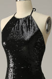 Halter Negro Lentejuelas Vestido de Fiesta Espalda Abierta