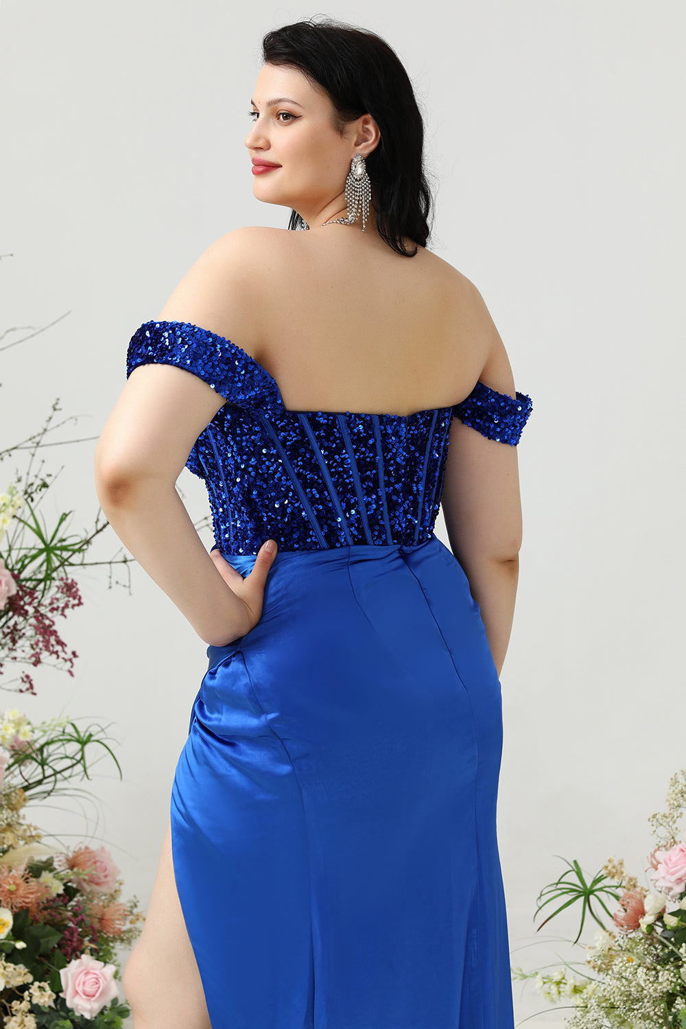 Fuera del Hombro Azul Real Talla Grande Vestido de Fiesta