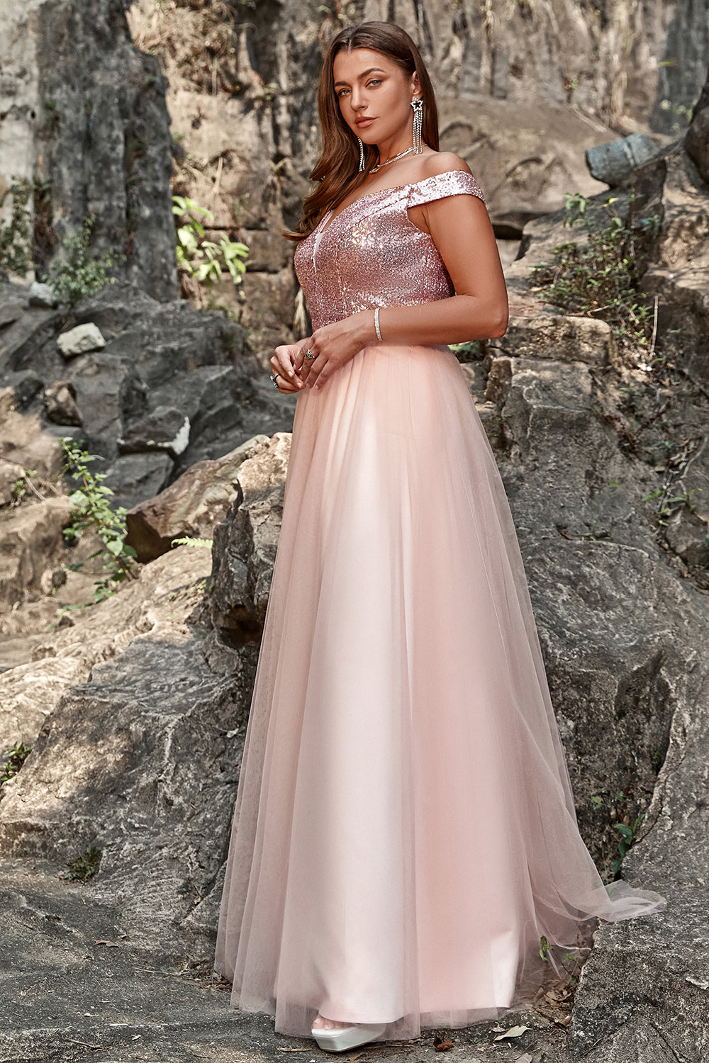 A Línea Fuera del Hombro Rosa Vestido de Graduación