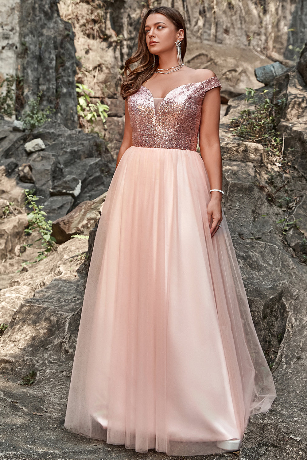 A Línea Fuera del Hombro Rosa Vestido de Graduación