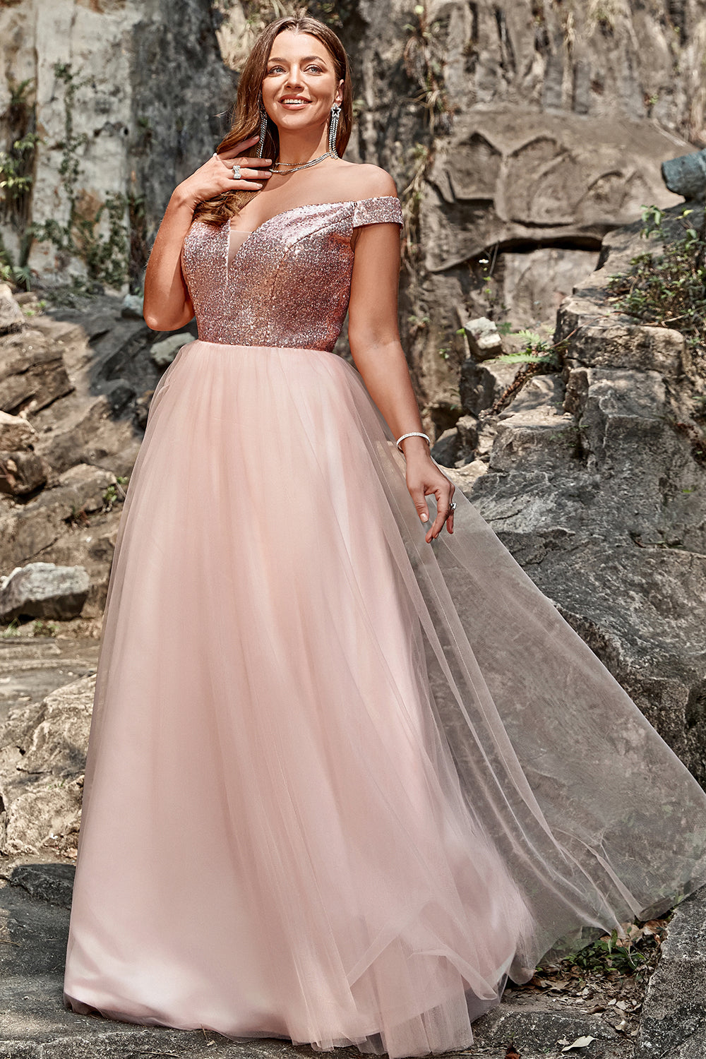 A Línea Fuera del Hombro Rosa Vestido de Graduación