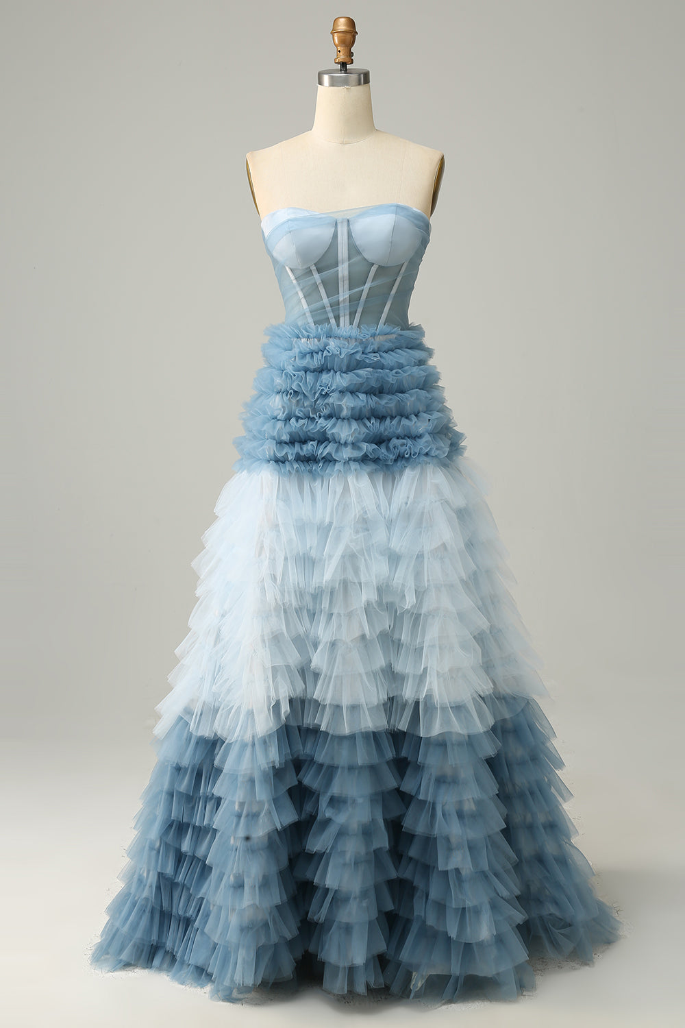A Línea Escote Corazón Gris Azul Vestido de Fiesta