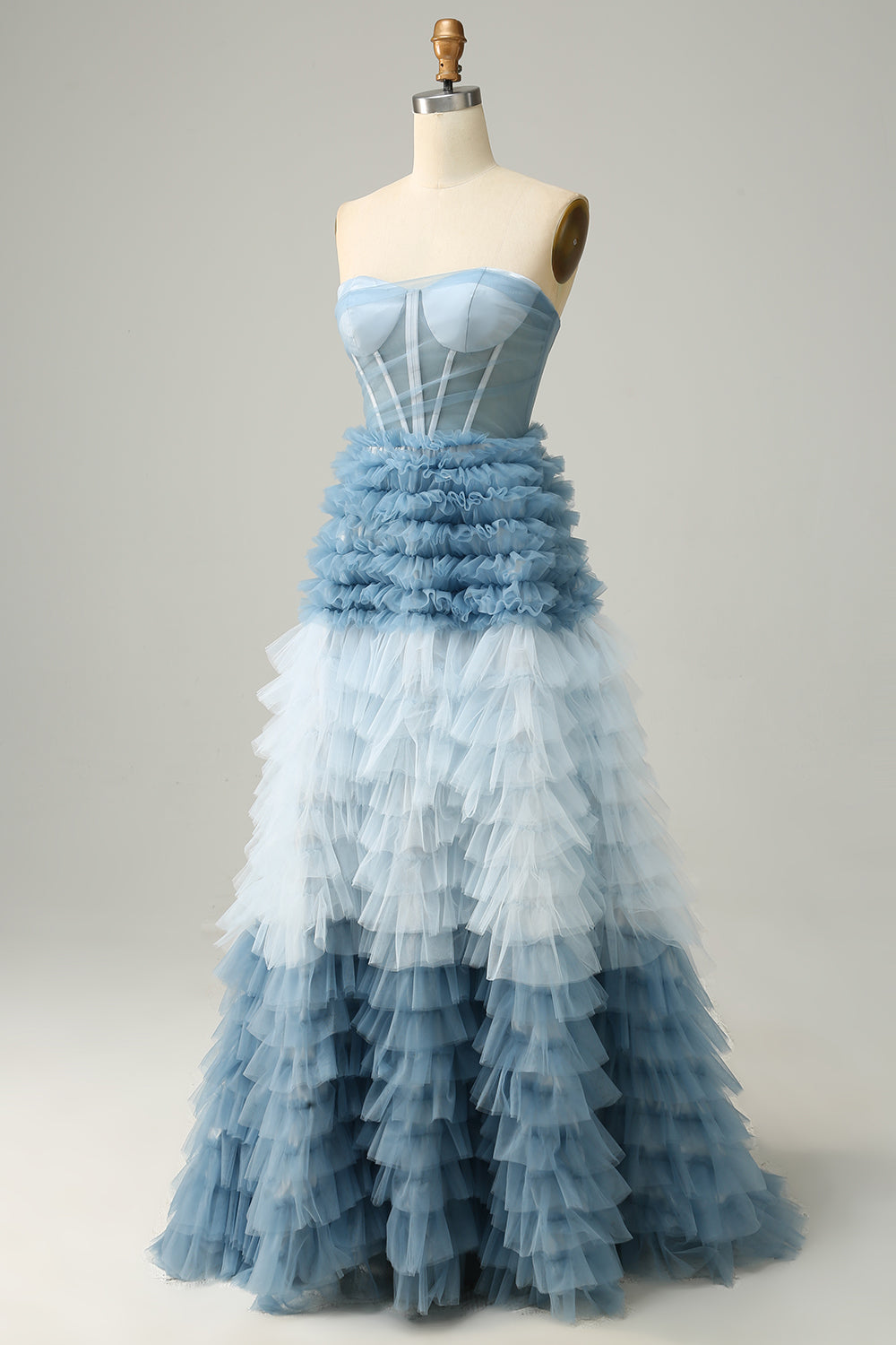 A Línea Escote Corazón Gris Azul Vestido de Fiesta