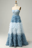 A Línea Escote Corazón Gris Azul Vestido de Fiesta