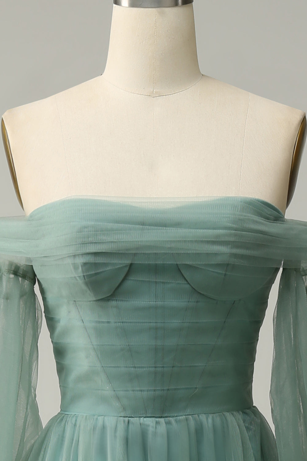 Fuera del Hombro Gris Verde Línea A Tul Vestido de Fiesta