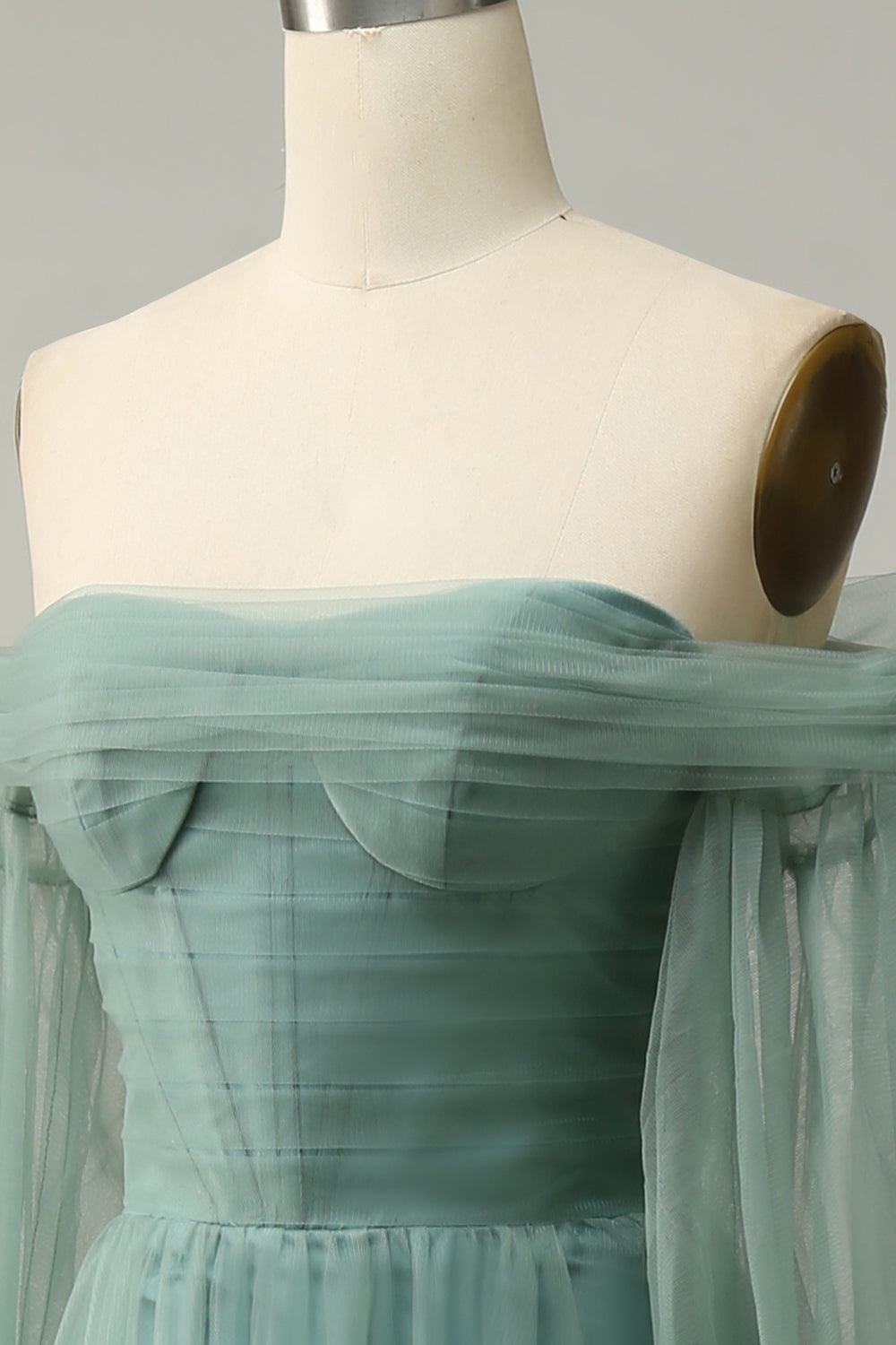 Fuera del Hombro Gris Verde Línea A Tul Vestido de Fiesta
