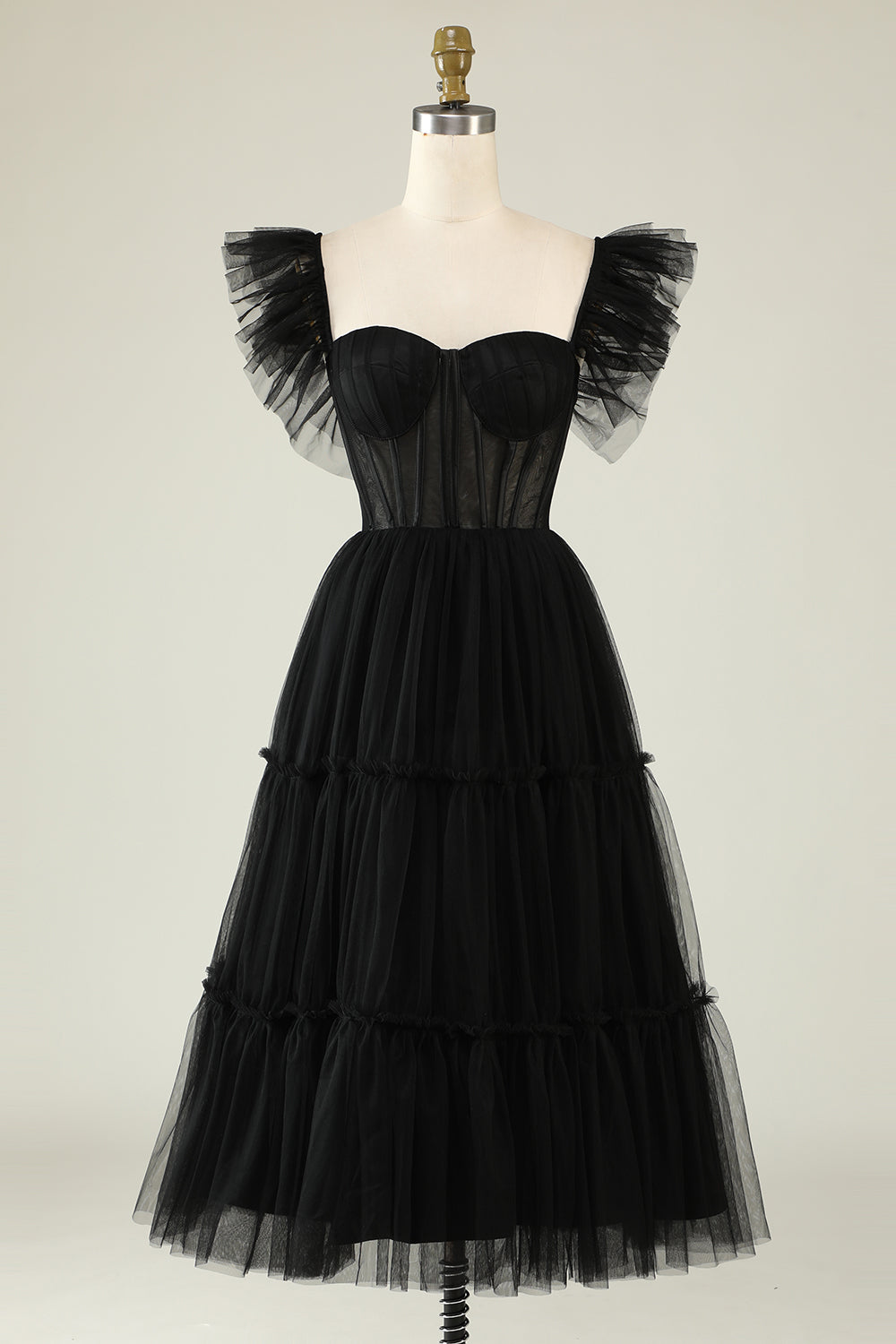 A-Línea Tule Escote Corazón Vestido de Cóctel Negro