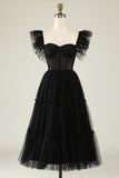 A-Línea Tule Escote Corazón Vestido de Cóctel Negro