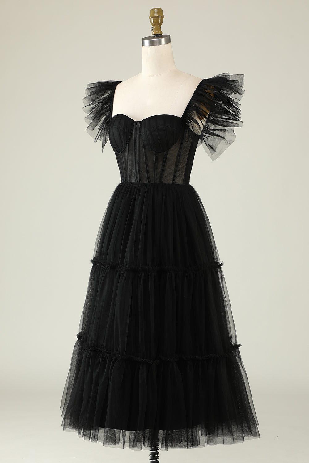 A-Línea Tule Escote Corazón Vestido de Cóctel Negro