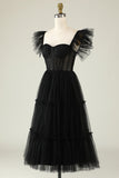 A-Línea Tule Escote Corazón Vestido de Cóctel Negro