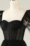 A-Línea Tule Escote Corazón Vestido de Cóctel Negro
