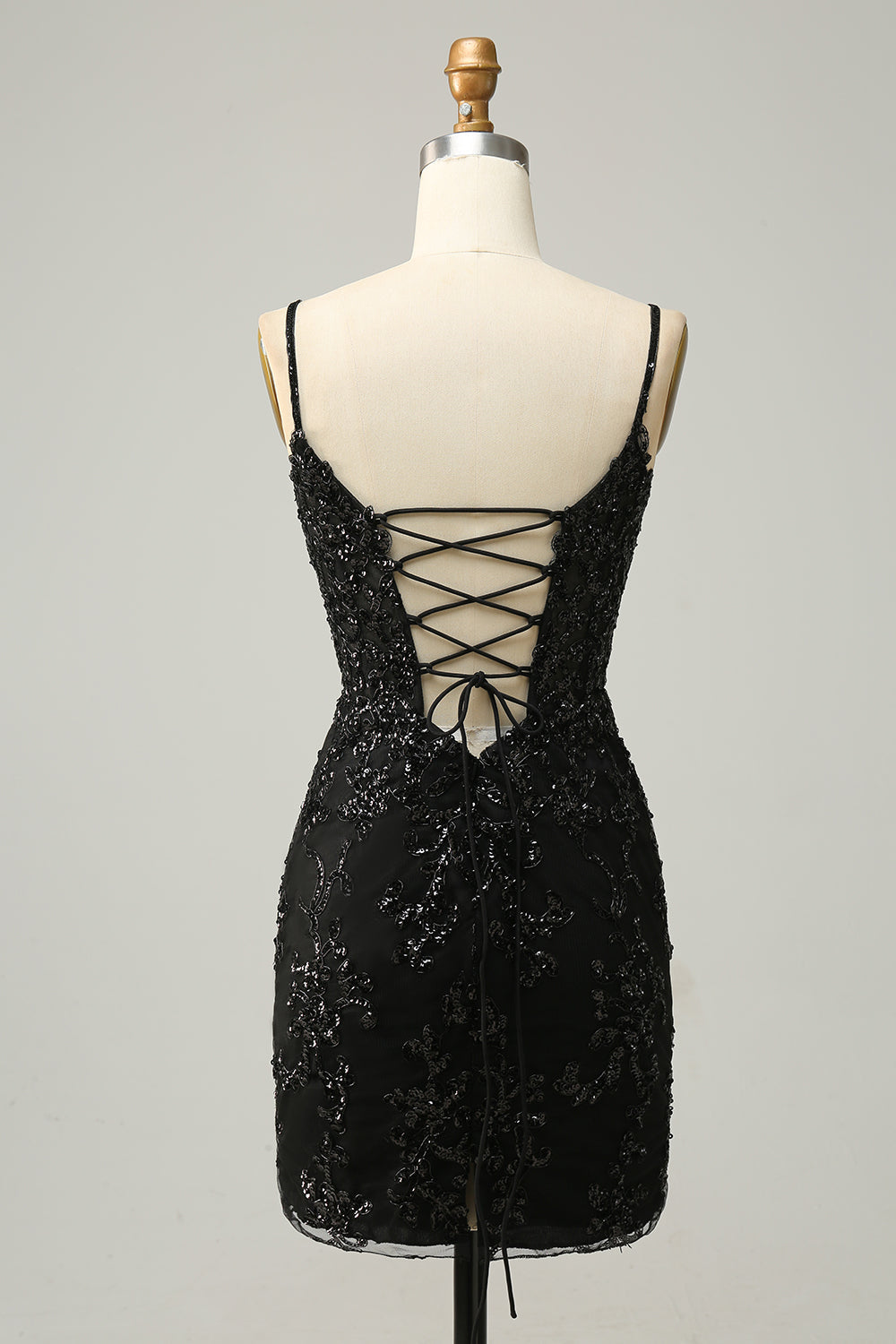 Negro Brillante Lentejuelas Vestido de Cóctel Con Encaje