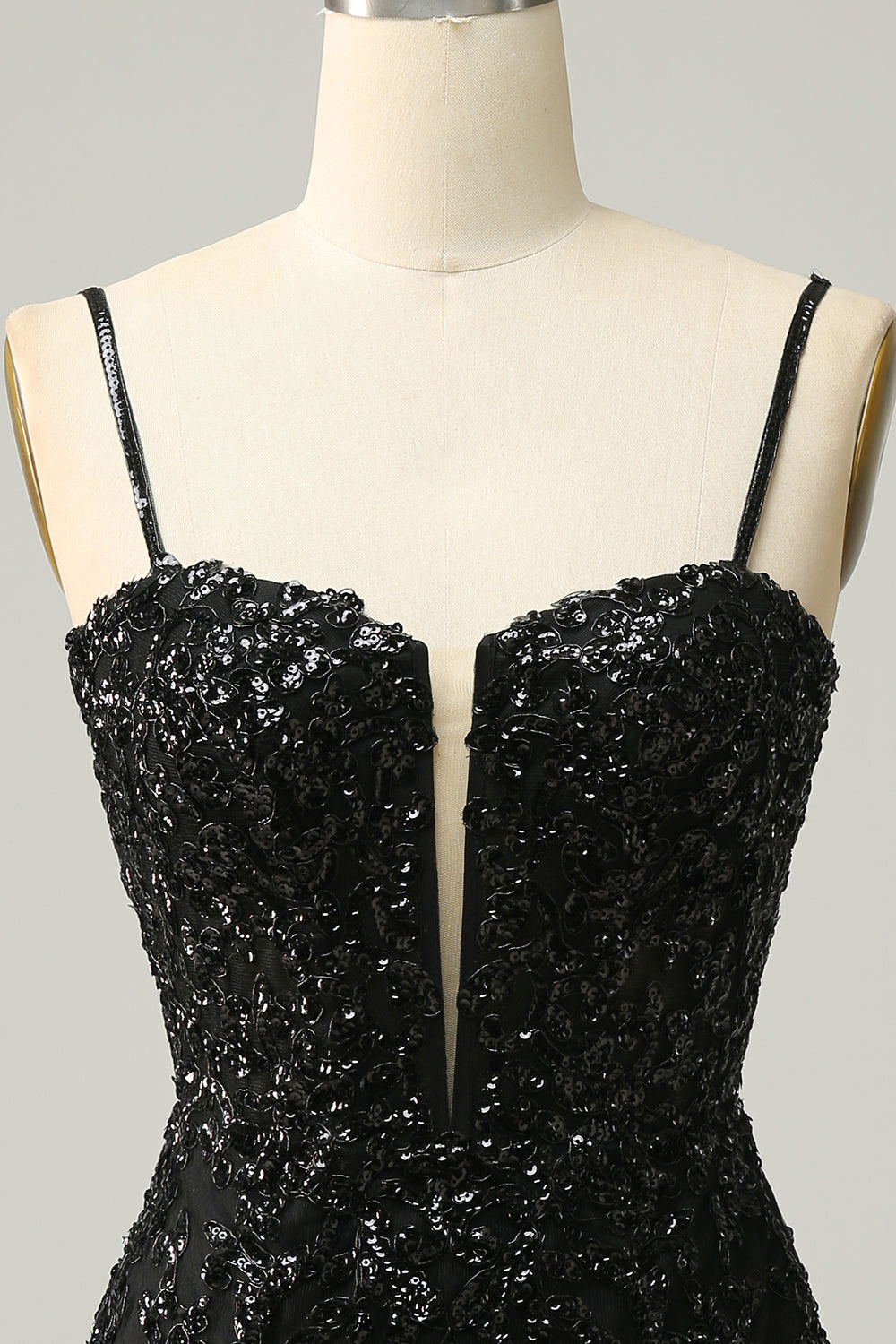Negro Brillante Lentejuelas Vestido de Cóctel Con Encaje