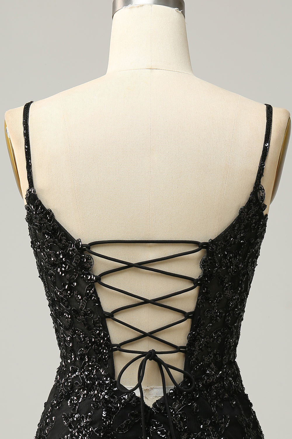 Negro Brillante Lentejuelas Vestido de Cóctel Con Encaje