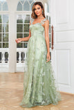 Una línea verde corsé largo Tul Prom Dress con 3D Butterflies Split Front