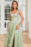 Una línea verde corsé largo Tul Prom Dress con 3D Butterflies Split Front