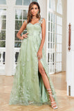 Una línea verde corsé largo Tul Prom Dress con 3D Butterflies Split Front