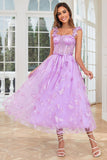 Unique A Line Purple Corset Prom Dress con apliques de mariposas